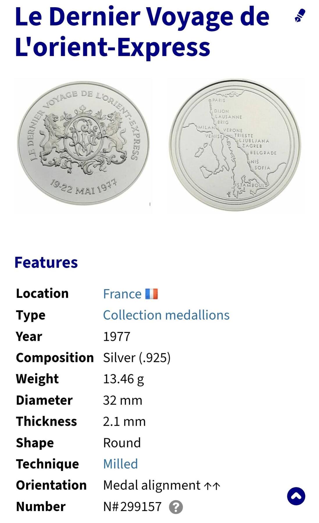 【俄甄集藏】2025年(045)12-03 星期三 晚 19:30 全场包邮 法国1977年纪念“东方快车”洲际豪华铁路列车停运精制银章，邮币封，1883-1977年，巴黎-伊斯坦布尔，重：13.46克，含银量：92.5%