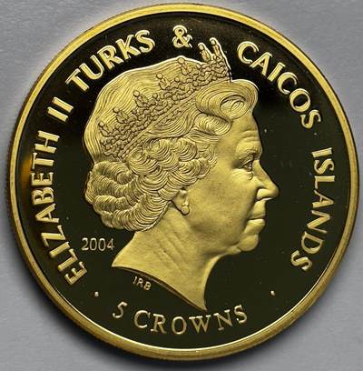 文馨钱币收藏第 283 场，【大雪鉴珍，寒英缀金】金银纪念币精品场，诚邀您的参与【长期接代拍品】 - 全新 2004 年特克斯和凯克斯群岛 5 克朗精制镀金纪念币