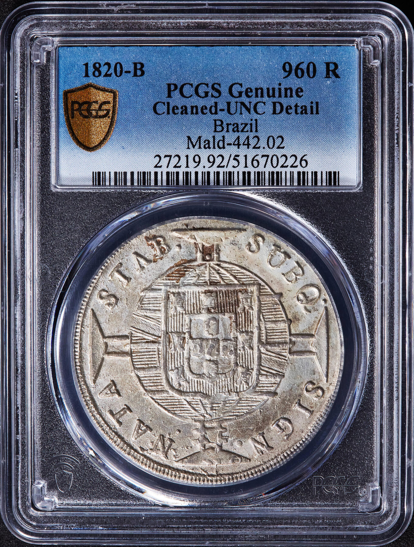 【俄甄集藏】2025年(045)12-03 星期三 晚 19:30 全场包邮 葡属巴西1820年若昂六世B版960瑞斯大银币，PCGS UNCD，细节犀利，底板带光