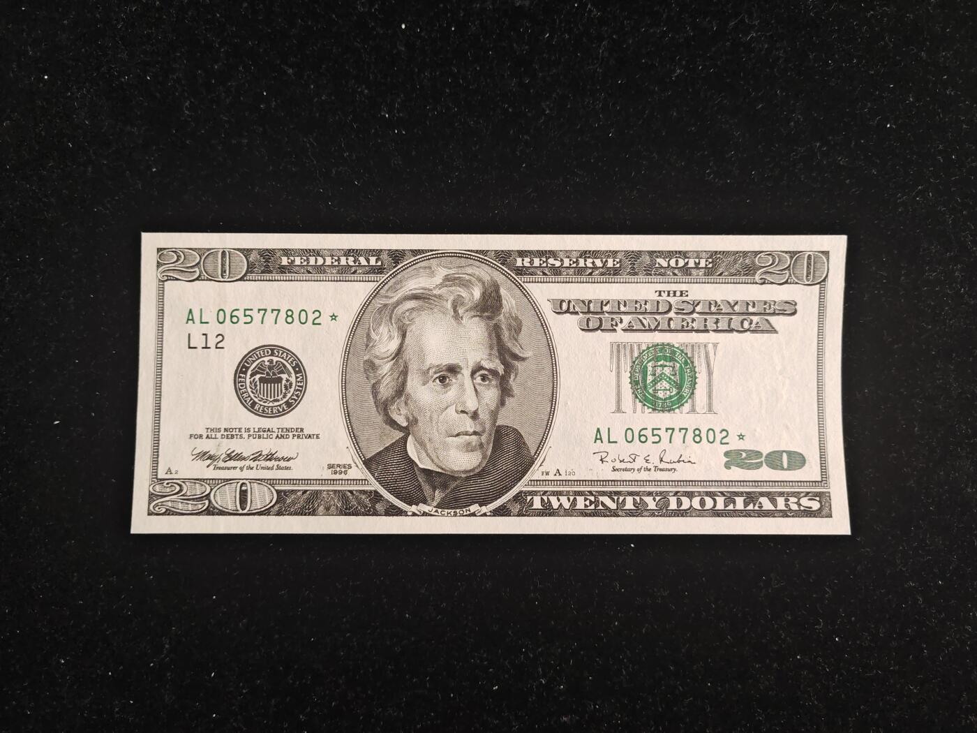 美国 星补号 1996年 大头版 20美元 纸币 无4 全新UNC