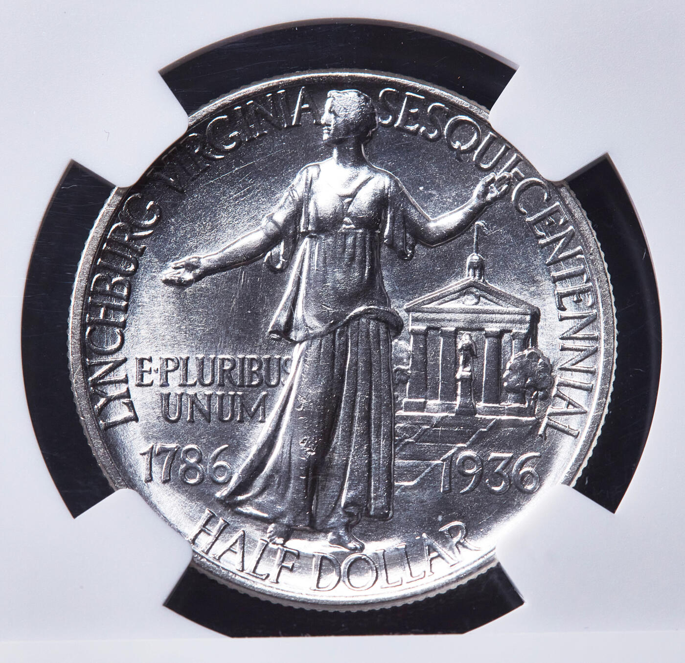 【俄甄集藏】2025年(045)12-03 星期三 晚 19:30 全场包邮 美国1936年纪念弗吉尼亚州林奇堡建城150周年50美分银币，NGC MS64，转光品相，正面人物为弗吉尼亚州代表卡特·格拉斯，稀少品种，发行量20000枚