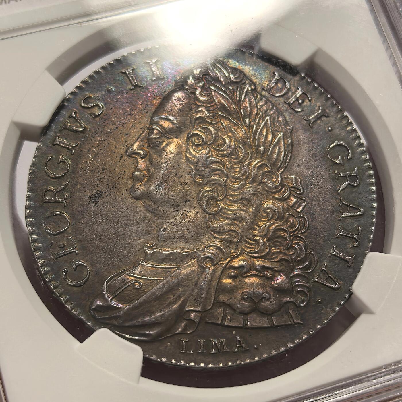 博洋堂世界钱币拍卖第150期（全场包邮） NGC MS61 英国1746年乔治二世LIMA克朗银币 名誉品克朗，材料来自130万枚8里亚尔银币，彩和状态都很好，味道十足；