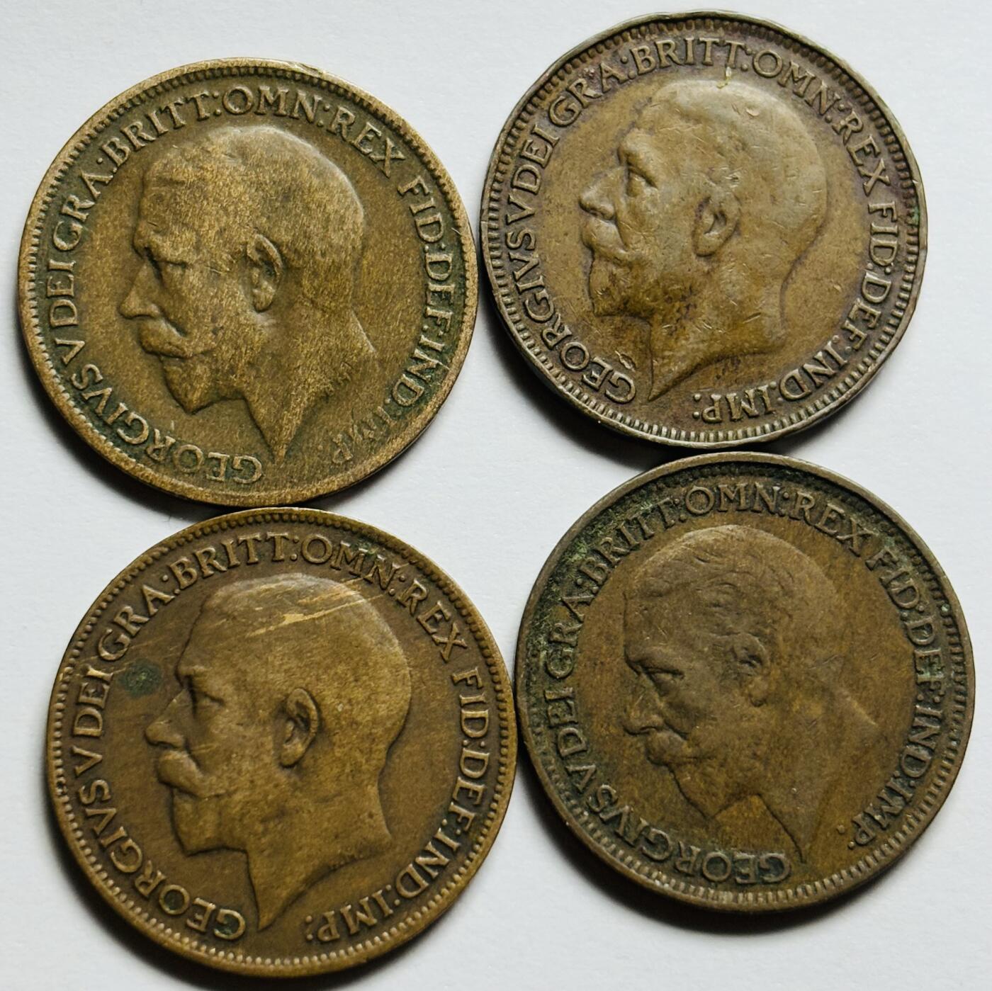 文馨钱币收藏第 283 场，【大雪鉴珍，寒英缀金】金银纪念币精品场，诚邀您的参与【长期接代拍品】 极美品 1919-20-26-31 年英国乔治五世法新铜币 4 枚