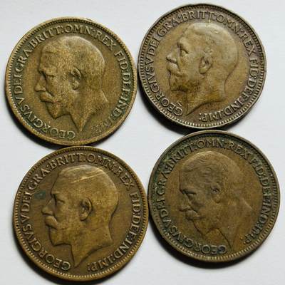 文馨钱币收藏第 283 场，【大雪鉴珍，寒英缀金】金银纪念币精品场，诚邀您的参与【长期接代拍品】 - 极美品 1919-20-26-31 年英国乔治五世法新铜币 4 枚