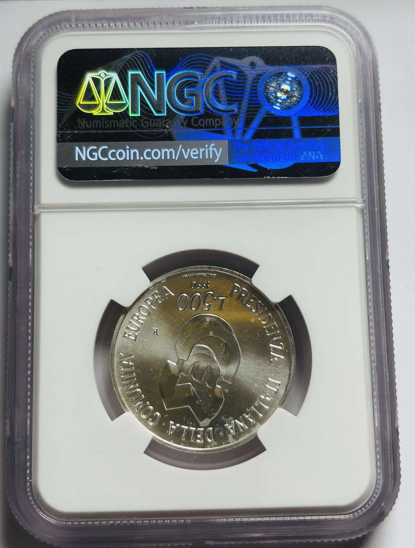 文馨钱币收藏第 283 场，【大雪鉴珍，寒英缀金】金银纪念币精品场，诚邀您的参与【长期接代拍品】 1990 年意大利担任欧共体理事会轮值主席国 500 里拉银币 NGC 评级 MS64 分