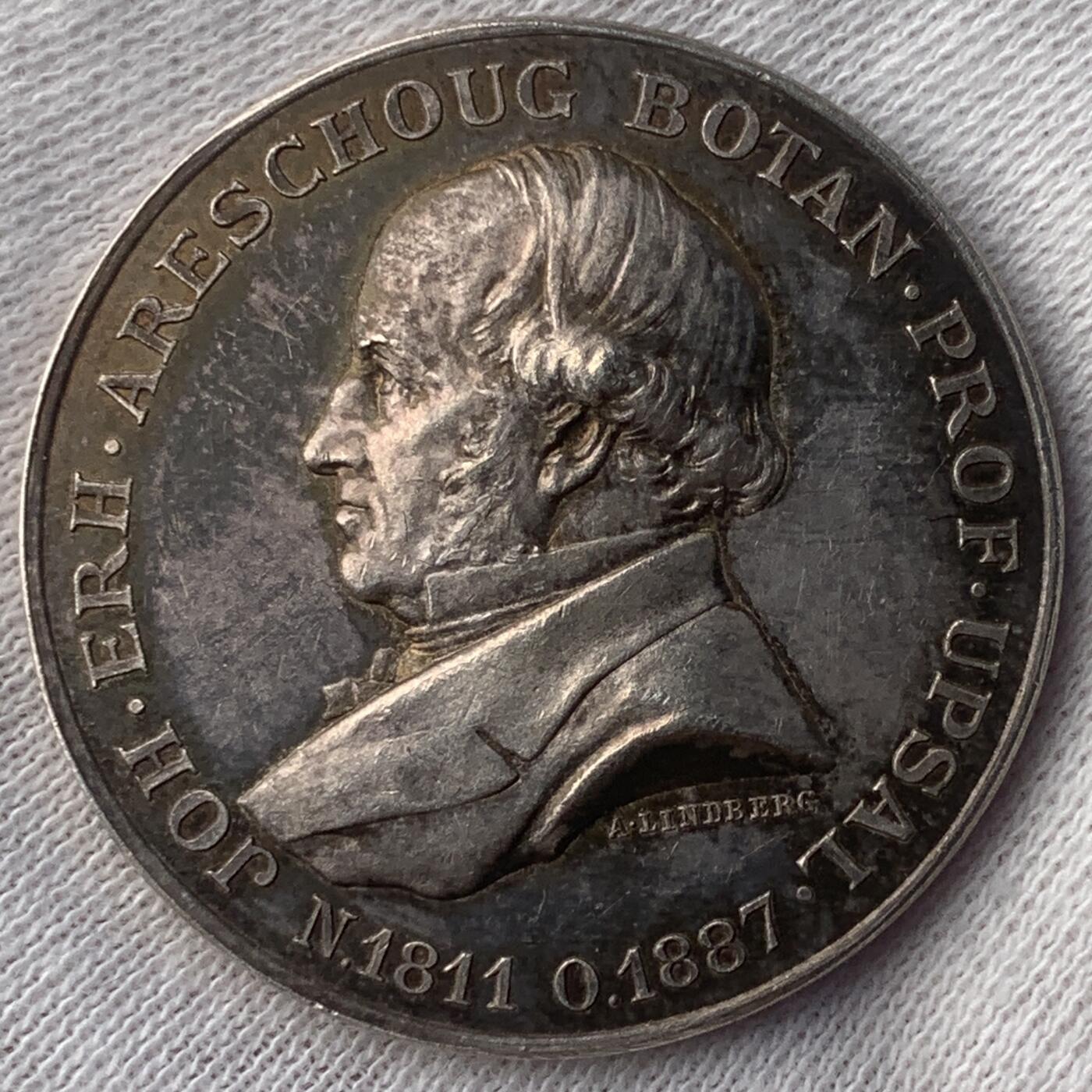 掌中浮雕-藏着的欧洲第044场 1899年瑞典植物学家约翰·埃尔哈德·阿雷苏格银章 ，31 mm, 15 g，A. Lindberg雕刻