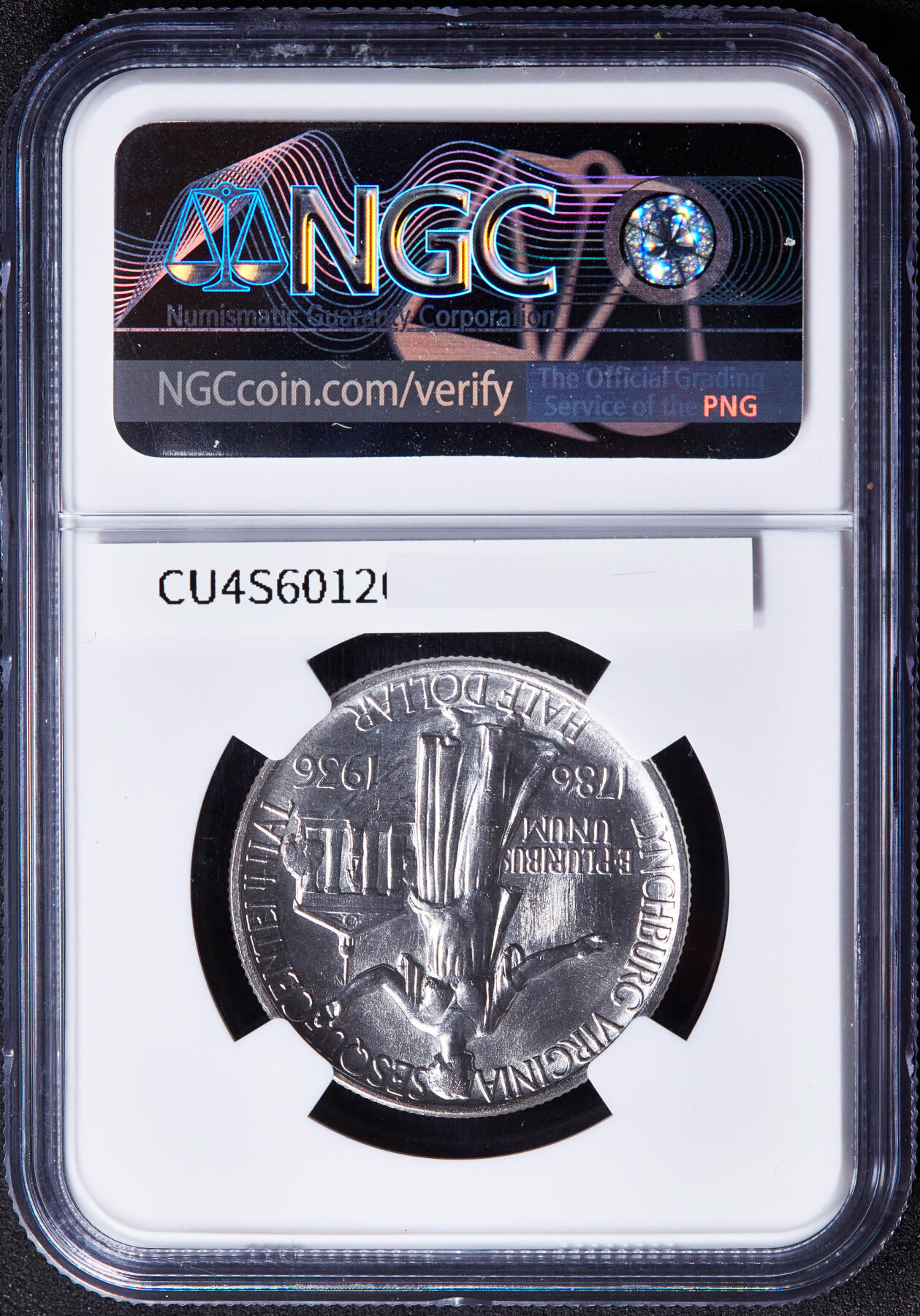 【俄甄集藏】2025年(045)12-03 星期三 晚 19:30 全场包邮 美国1936年纪念弗吉尼亚州林奇堡建城150周年50美分银币，NGC MS64，转光品相，正面人物为弗吉尼亚州代表卡特·格拉斯，稀少品种，发行量20000枚