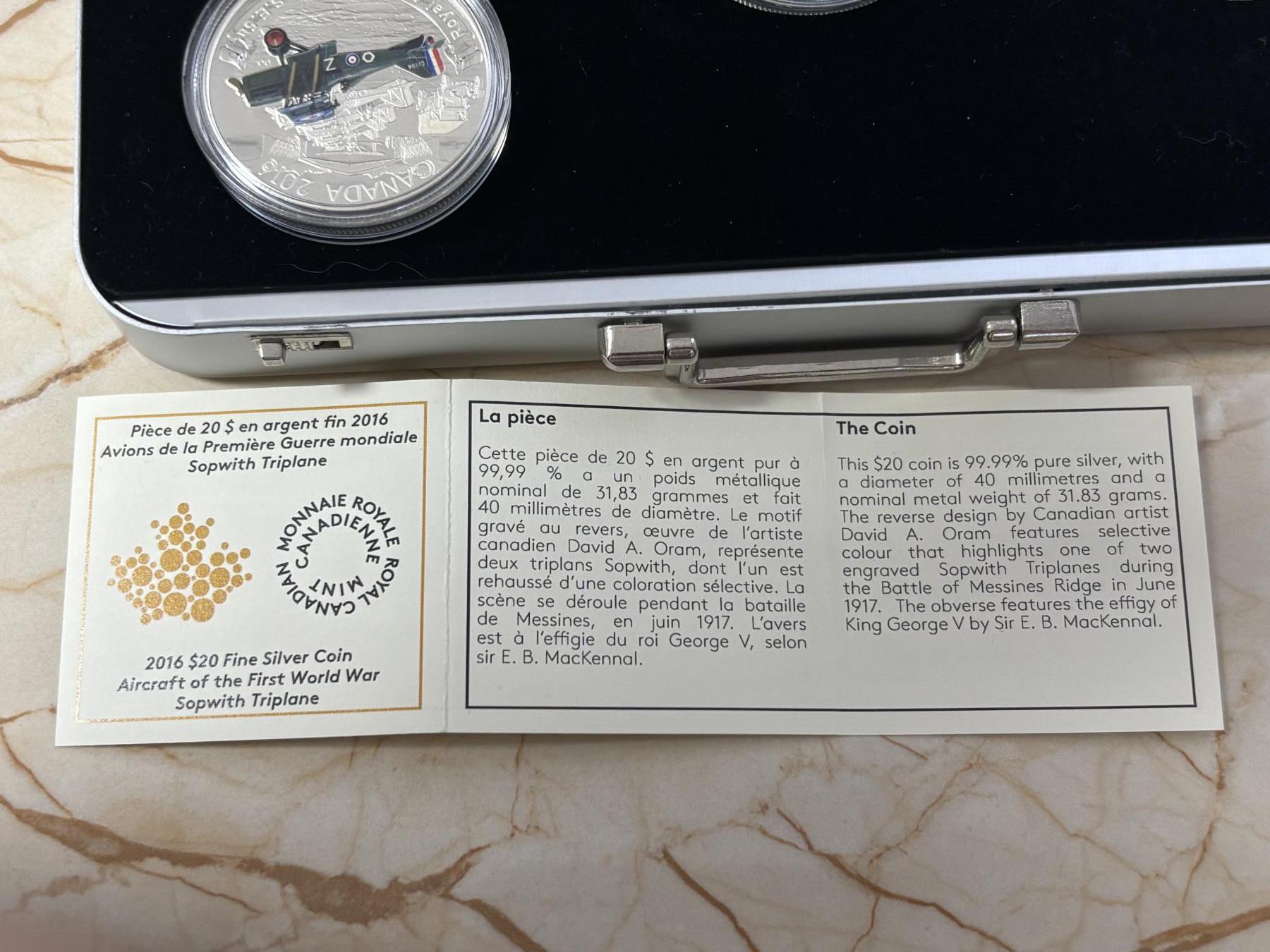 第184期拍卖 加拿大2016年一战飞机系列1盎司纪念彩色银币3枚套带盒只带一张证书，9999银，1盎司*3.发行7500套银价1293