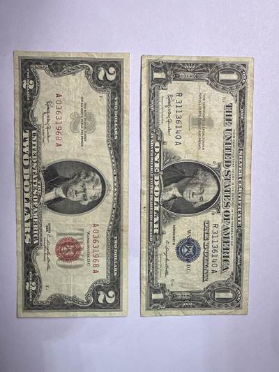 12.5纸币专场 - 美国早期美元纸币2张 1963年红印2美元AA冠无47