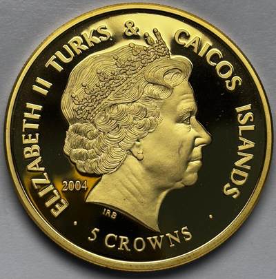 文馨钱币收藏第 283 场，【大雪鉴珍，寒英缀金】金银纪念币精品场，诚邀您的参与【长期接代拍品】 - 全新 2004 年特克斯和凯克斯群岛 5 克朗精制镀金纪念币