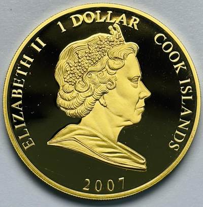 文馨钱币收藏第 283 场，【大雪鉴珍，寒英缀金】金银纪念币精品场，诚邀您的参与【长期接代拍品】 - 全新 2007 年库克群岛 纪念女王钻石结婚周年一元精制镀金纪念币