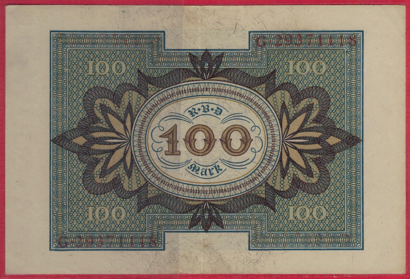 德国1920年100马克 P-69b 8位号码 无4尾8 加盖字母W 实物图 AUNC