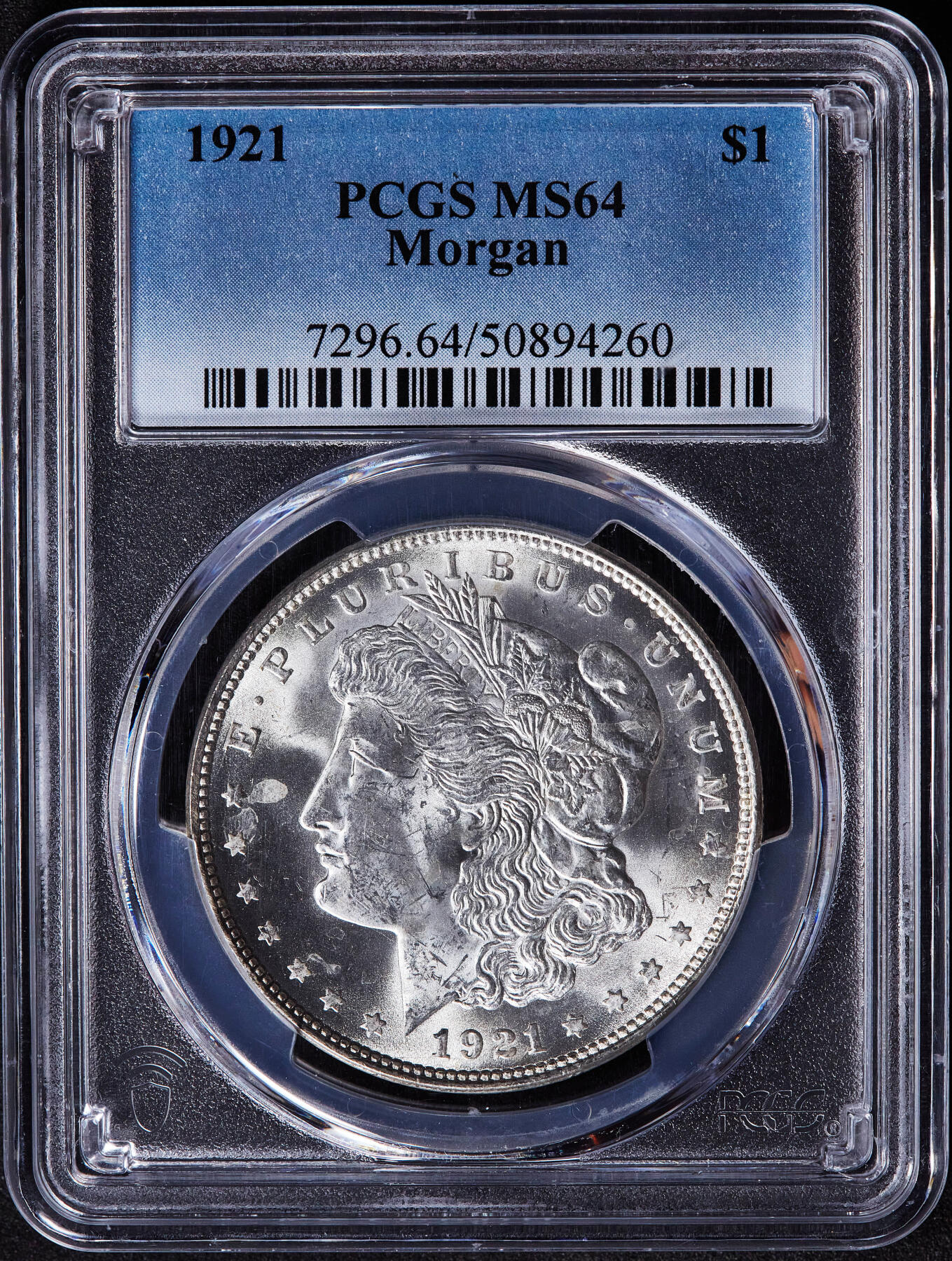 【俄甄集藏】2025年(045)12-03 星期三 晚 19:30 全场包邮 美国1921年摩根1美元大银币，PCGS MS64，转光品相
