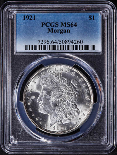 【俄甄集藏】2025年(045)12-03 星期三 晚 19:30 全场包邮 - 美国1921年摩根1美元大银币，PCGS MS64，转光品相