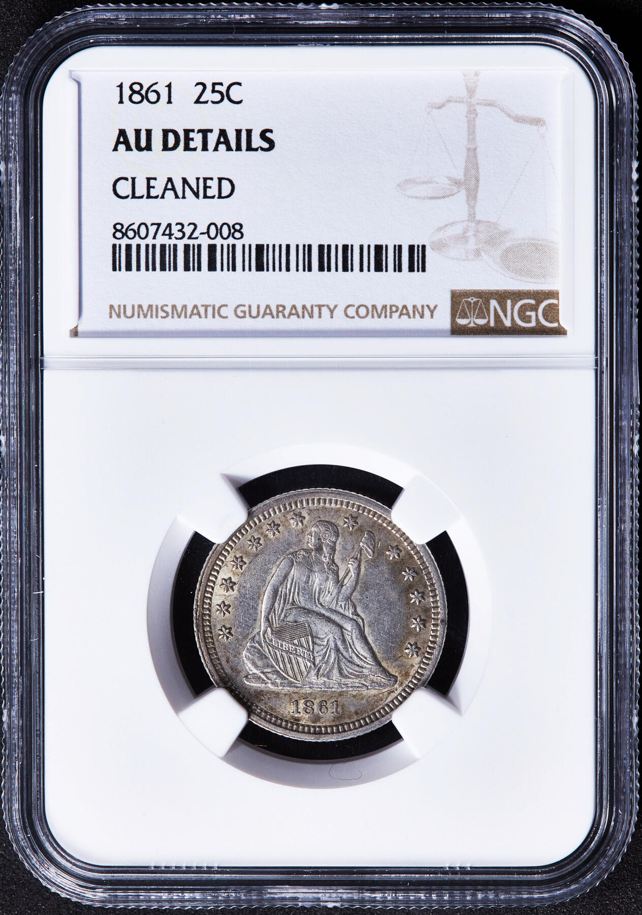 【俄甄集藏】2025年(045)12-03 星期三 晚 19:30 全场包邮 美国1861年拿旗25美分银币，NGC AUD，原味黄油环彩老包浆，原光品相，疑似错杀，经典品种