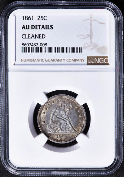 【俄甄集藏】2025年(045)12-03 星期三 晚 19:30 全场包邮 - 美国1861年拿旗25美分银币，NGC AUD，原味黄油环彩老包浆，原光品相，疑似错杀，经典品种