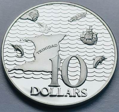 文馨钱币收藏第 283 场，【大雪鉴珍，寒英缀金】金银纪念币精品场，诚邀您的参与【长期接代拍品】 - 全新 1977 年特立尼达和多巴哥 10 元精制大银币，第二版35 克 925 高银