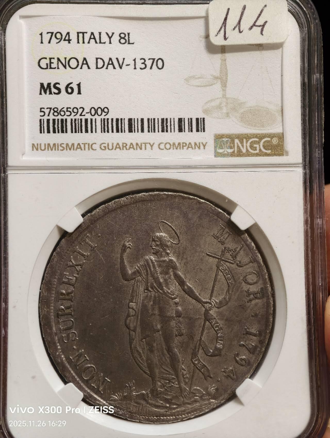 NGC-MS61 1794热那亚共和国施洗约翰8里拉大银币