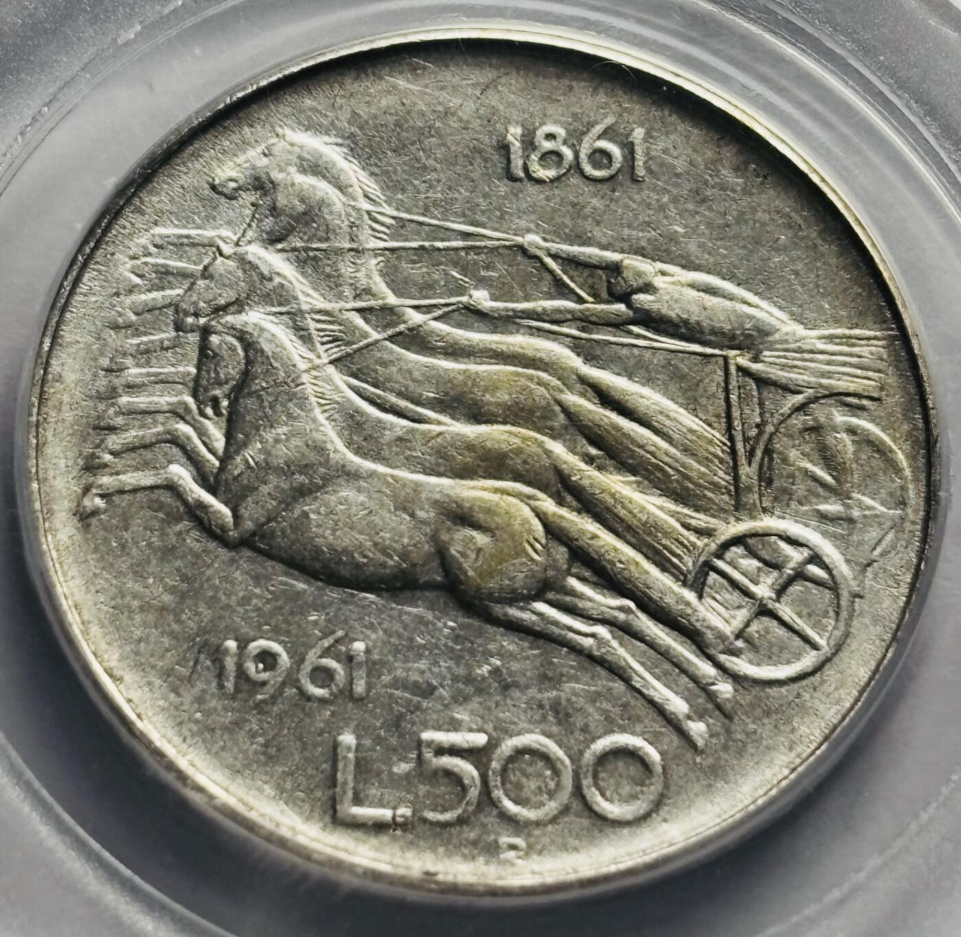 文馨钱币收藏第 283 场，【大雪鉴珍，寒英缀金】金银纪念币精品场，诚邀您的参与【长期接代拍品】 1861-1961 年意大利 500 里拉银币，四驾马车意大利统一 100 年纪念，公博评级 AU58 分