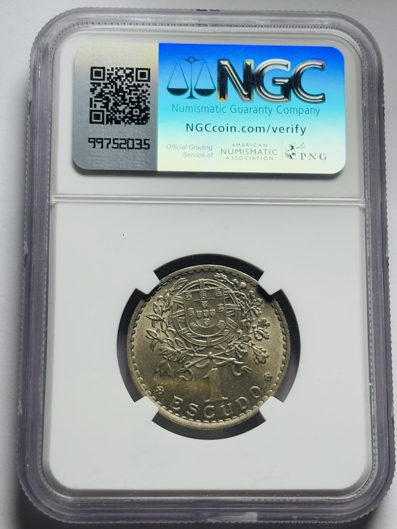 文馨钱币收藏第 283 场，【大雪鉴珍，寒英缀金】金银纪念币精品场，诚邀您的参与【长期接代拍品】 1959 年葡萄牙女神 1 埃斯库多 NGC 评级 MS63 分