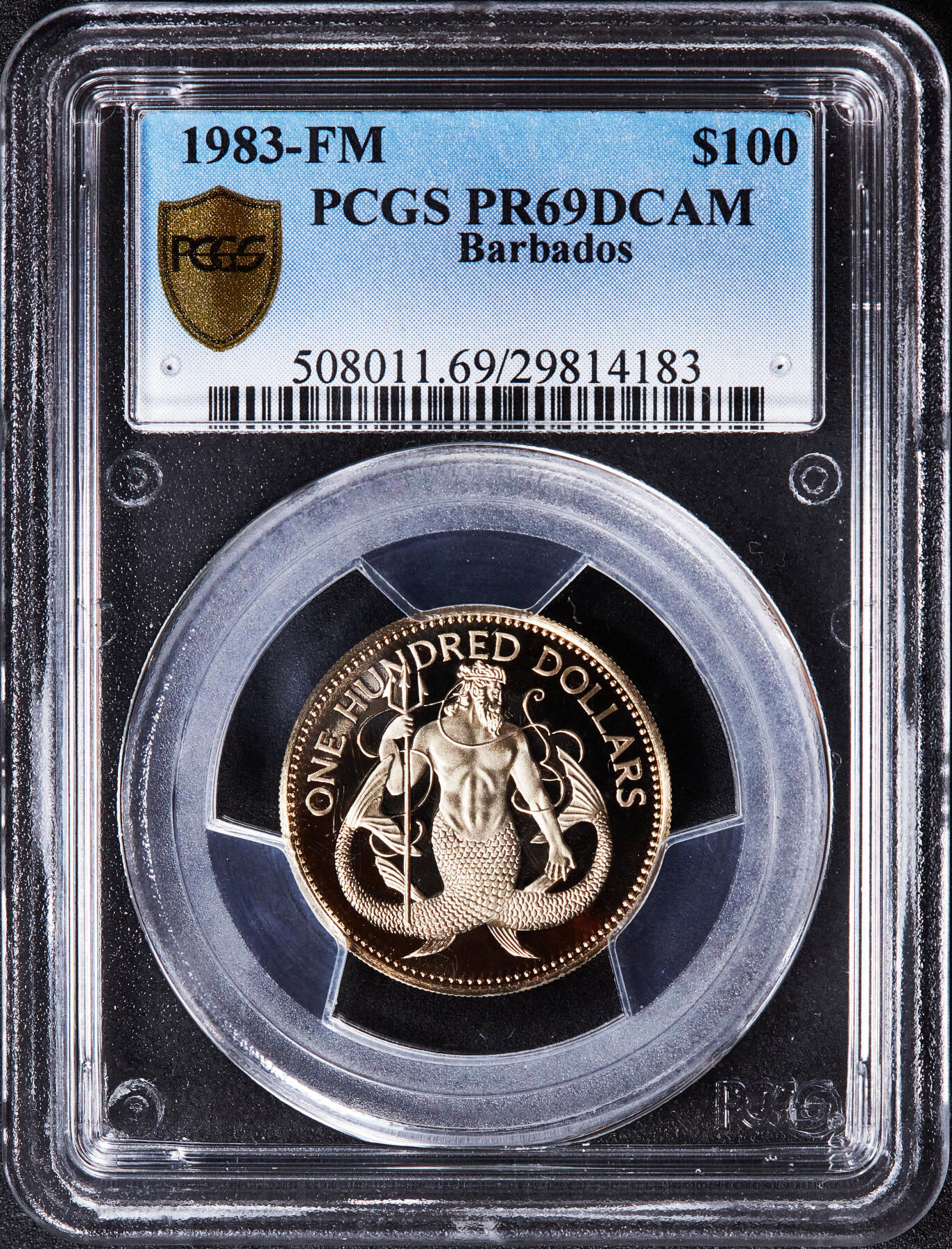 【俄甄集藏】2025年(045)12-03 星期三 晚 19:30 全场包邮 巴巴多斯1983年海神100元精制金币，PCGS PR69DC，重6.21克，50%金，发行量484枚，富兰克林造币厂出品，稀有名誉品种