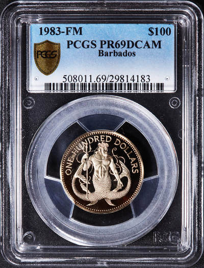 【俄甄集藏】2025年(045)12-03 星期三 晚 19:30 全场包邮 - 巴巴多斯1983年海神100元精制金币，PCGS PR69DC，重6.21克，50%金，发行量484枚，富兰克林造币厂出品，稀有名誉品种