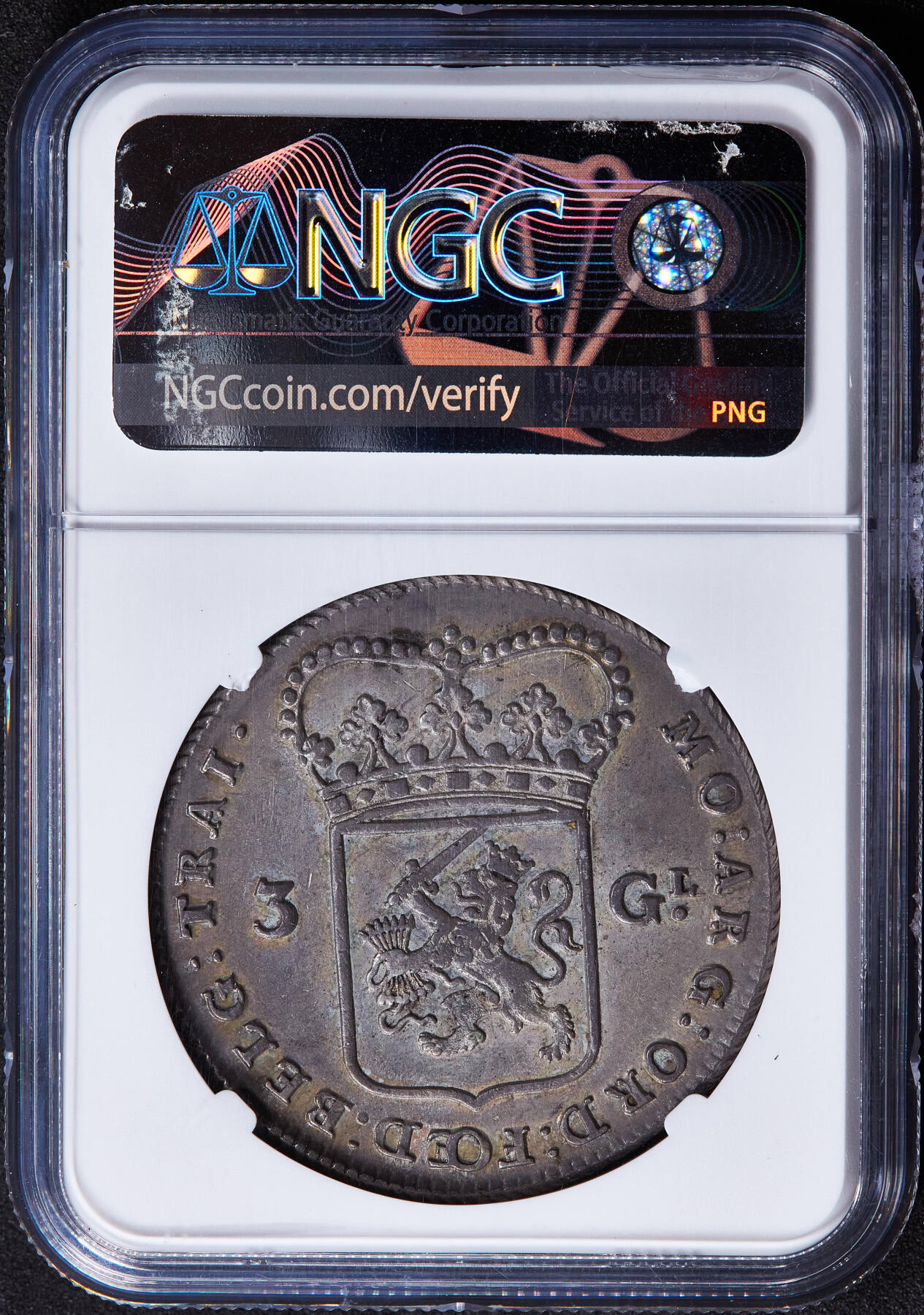 【俄甄集藏】2025年(045)12-03 星期三 晚 19:30 全场包邮 荷兰乌得勒支1786年站人3盾大银币，NGC AU58，打制周正，无弱打，黄油五彩原味包浆，疑似低评