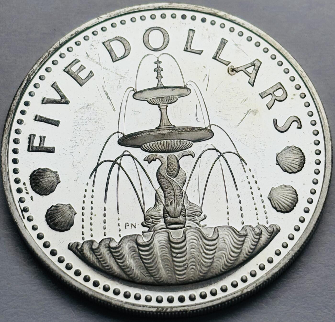 文馨钱币收藏第 283 场，【大雪鉴珍，寒英缀金】金银纪念币精品场，诚邀您的参与【长期接代拍品】 原光 1973 年巴巴多斯 5 元精制大银币，首发版，31.1 克 800 高银