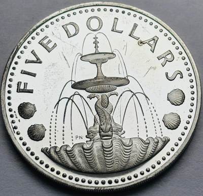 文馨钱币收藏第 283 场，【大雪鉴珍，寒英缀金】金银纪念币精品场，诚邀您的参与【长期接代拍品】 - 原光 1973 年巴巴多斯 5 元精制大银币，首发版，31.1 克 800 高银