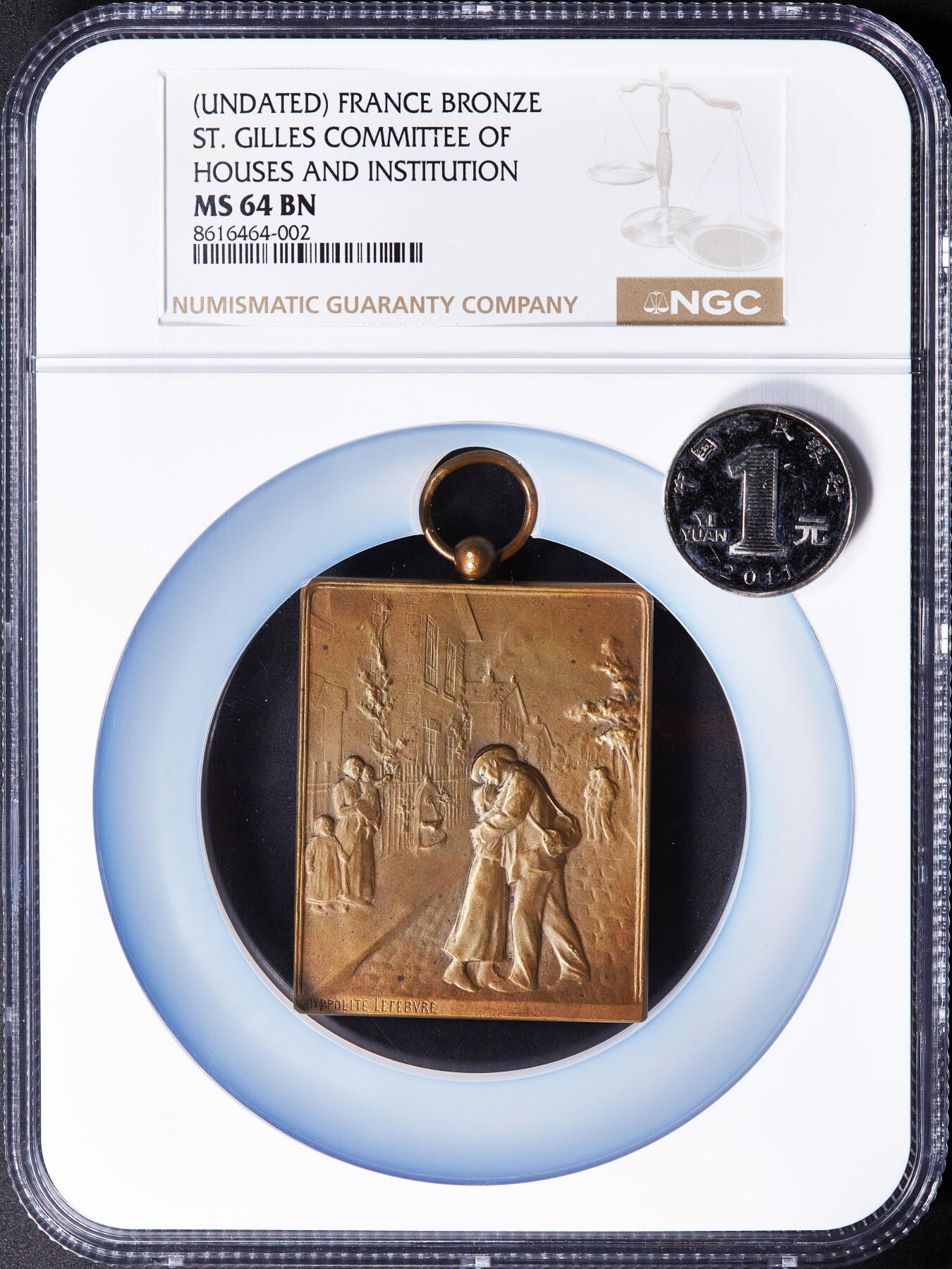【俄甄集藏】2025年(045)12-03 星期三 晚 19:30 全场包邮 法国19世纪圣吉勒工人住房与户主机构委员会纪念方形大铜章，NGC MS64，尺寸：55mm x 45mm（不含圈挂环），新艺术运动时期风格，简约大气而精美，著名设计师伊波利特·勒菲弗尔作品，顶级品相