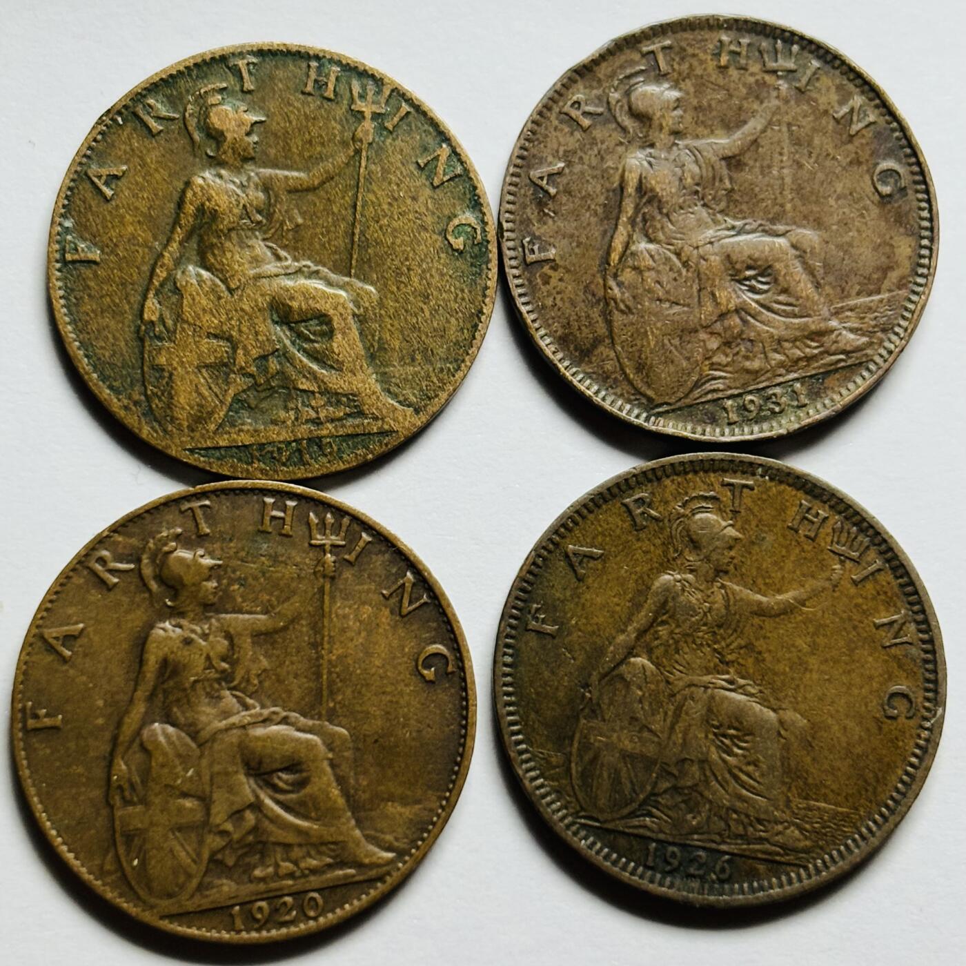 文馨钱币收藏第 283 场，【大雪鉴珍，寒英缀金】金银纪念币精品场，诚邀您的参与【长期接代拍品】 极美品 1919-20-26-31 年英国乔治五世法新铜币 4 枚