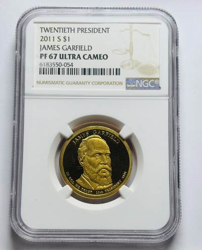 文馨钱币收藏第 283 场，【大雪鉴珍，寒英缀金】金银纪念币精品场，诚邀您的参与【长期接代拍品】 - 2011 年美国总统詹姆斯加菲尔德 1 美元精制币 NGC 评级 PF67 分
