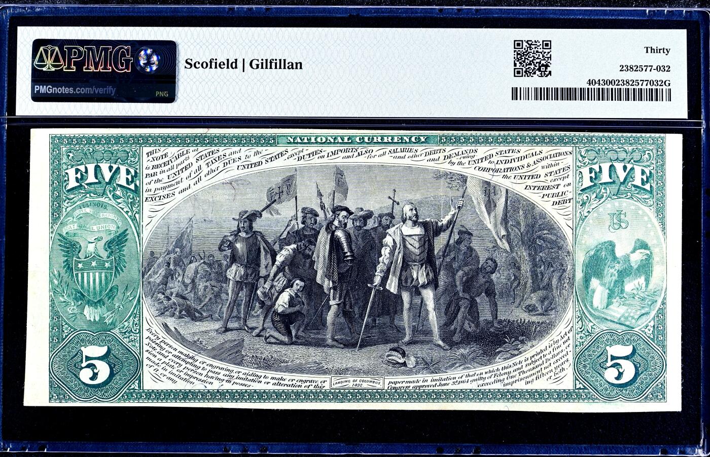 【Blue Auction】世界纸币精拍第758期——18级TOP拍卖/信誉/品质/专业/高效💫 【无47 设计非常精美 手签】美国伊利诺伊州 1875年5美金国民券 正面描绘哥伦布发现新大陆和印第安公主呈现世界两个独立场景 背面是经典油画《哥伦布登陆》 大场景震撼 PMG30 大票幅  无背标整体状态佳 凑套必备的精品