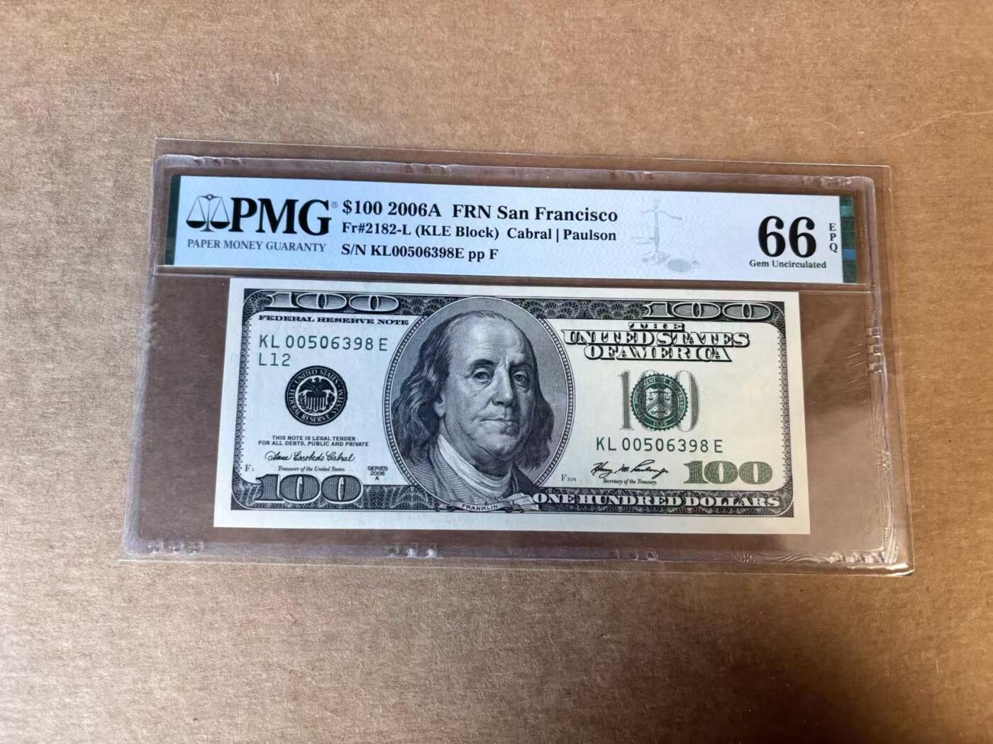 【Blue Auction】世界纸币精拍第758期——18级TOP拍卖/信誉/品质/专业/高效💫  【无47】美国 2006年100美金 PMG66EPQ 旧金山版