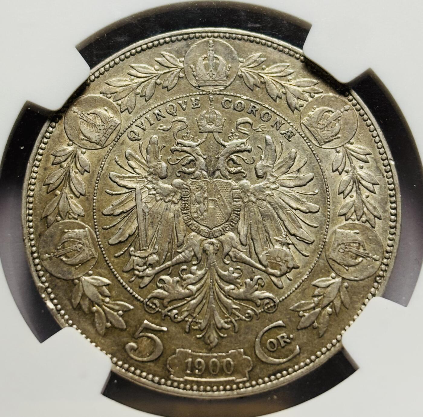 文馨钱币收藏第 283 场，【大雪鉴珍，寒英缀金】金银纪念币精品场，诚邀您的参与【长期接代拍品】 少见 1900 年奥地利约瑟夫一世 5 克朗大银币，首发版 NGC 评级 AUD
