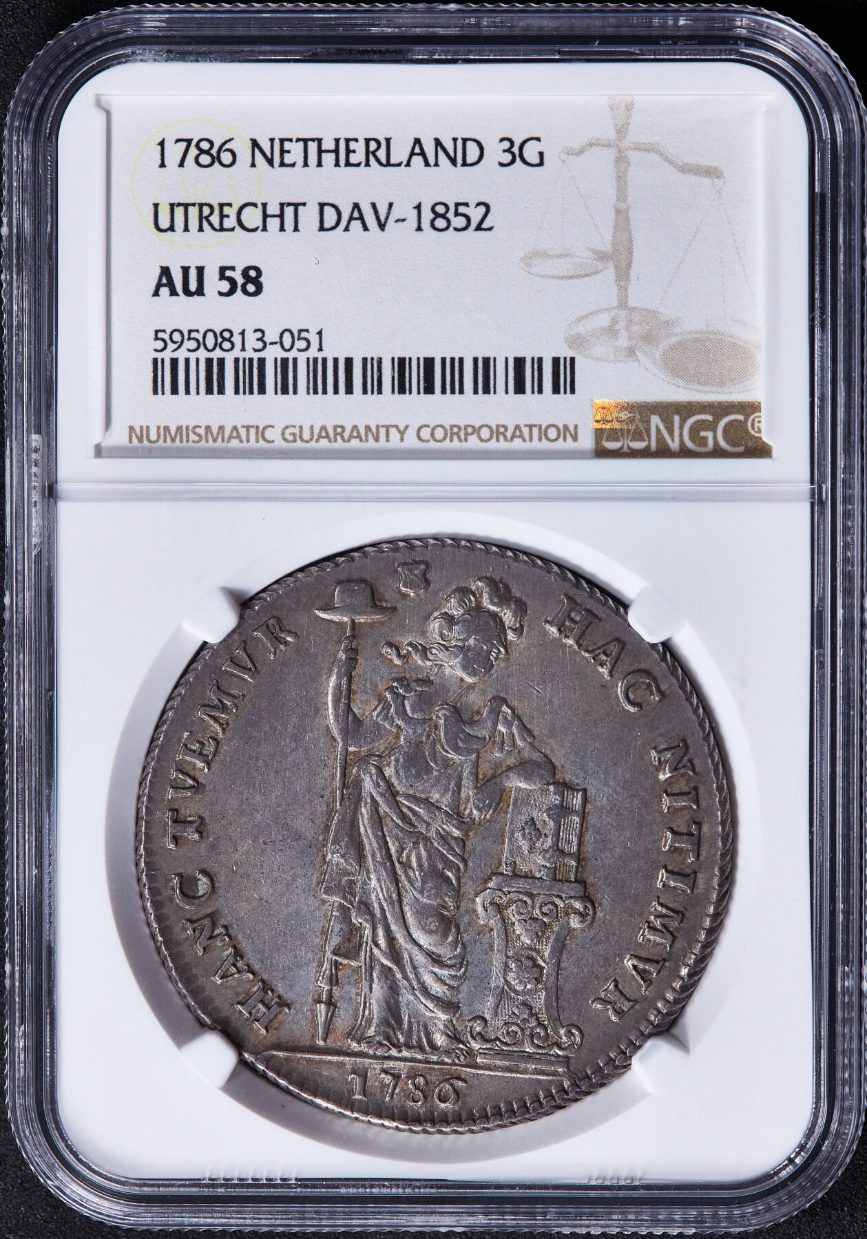 【俄甄集藏】2025年(045)12-03 星期三 晚 19:30 全场包邮 荷兰乌得勒支1786年站人3盾大银币，NGC AU58，打制周正，无弱打，黄油五彩原味包浆，疑似低评