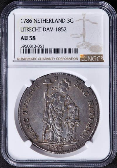 【俄甄集藏】2025年(045)12-03 星期三 晚 19:30 全场包邮 - 荷兰乌得勒支1786年站人3盾大银币，NGC AU58，打制周正，无弱打，黄油五彩原味包浆，疑似低评