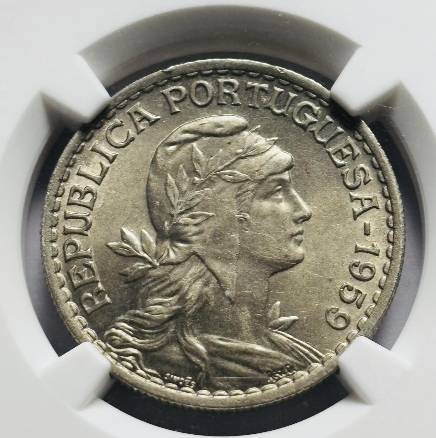 文馨钱币收藏第 283 场，【大雪鉴珍，寒英缀金】金银纪念币精品场，诚邀您的参与【长期接代拍品】 1959 年葡萄牙女神 1 埃斯库多 NGC 评级 MS63 分