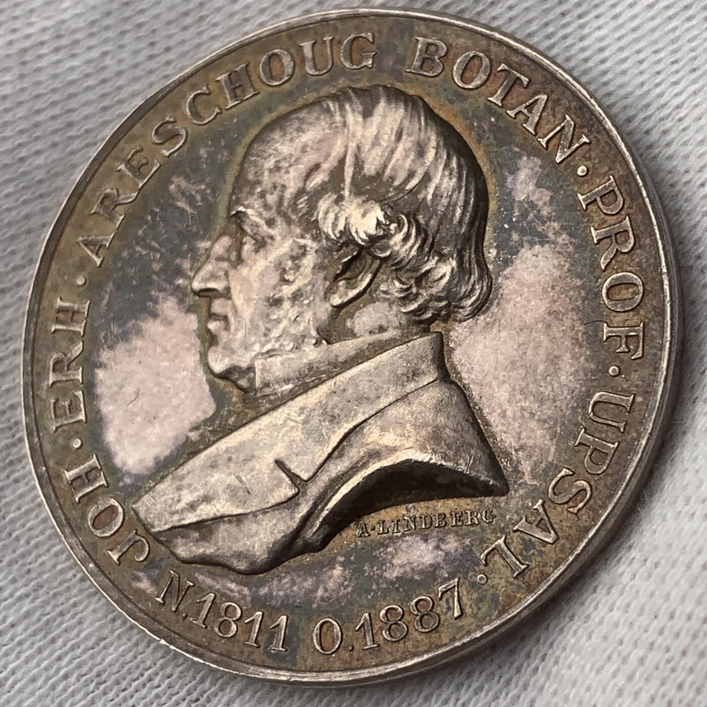 掌中浮雕-藏着的欧洲第044场 1899年瑞典植物学家约翰·埃尔哈德·阿雷苏格银章 ，31 mm, 15 g，A. Lindberg雕刻