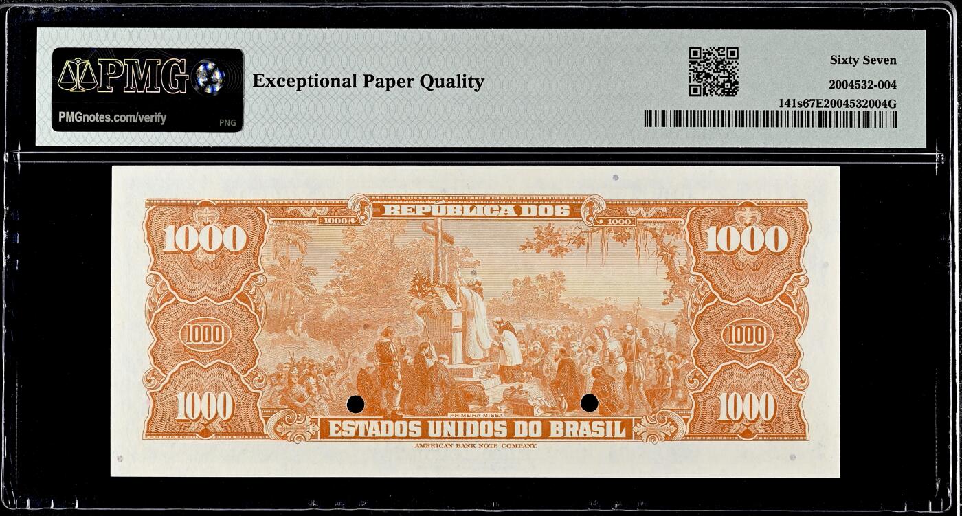 【Blue Auction】世界纸币精拍第758期——18级TOP拍卖/信誉/品质/专业/高效💫 【亚军分 该面值首版】巴西1943年1000克鲁塞罗 首位登陆巴西的欧洲人——佩德罗·阿尔瓦雷斯·卡布拉尔 背面大场景《巴西首次弥撒》 ABNC出品 PMG67EPQ 仅3张更高分
