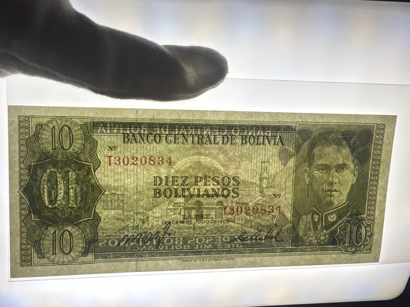 12.5纸币专场 1962年玻利维亚10比索玻利维亚诺纸币  全新UNC