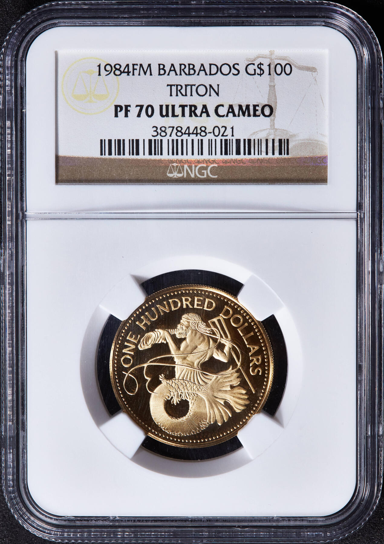 【俄甄集藏】2025年(045)12-03 星期三 晚 19:30 全场包邮 巴巴多斯1984年海神之子100元精制金币，NGC PF70UC，满分难得，重6.21克，50%金，发行量1103枚，富兰克林造币厂出品，稀有品种