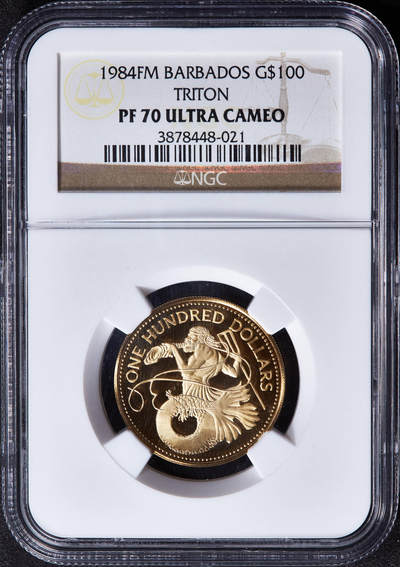 【俄甄集藏】2025年(045)12-03 星期三 晚 19:30 全场包邮 - 巴巴多斯1984年海神之子100元精制金币，NGC PF70UC，满分难得，重6.21克，50%金，发行量1103枚，富兰克林造币厂出品，稀有品种