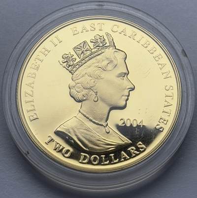 文馨钱币收藏第 283 场，【大雪鉴珍，寒英缀金】金银纪念币精品场，诚邀您的参与【长期接代拍品】 - 全新 2004 年东加勒比 1133-1189 亨利二世铜镍镀金 2 元精制纪念币