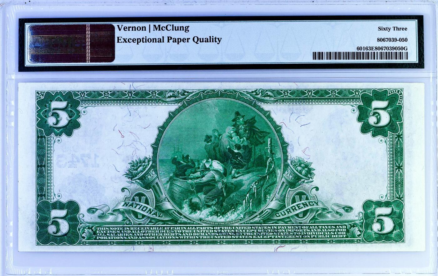 【Blue Auction】世界纸币精拍第758期——18级TOP拍卖/信誉/品质/专业/高效💫   【手签字迹清晰】美国 宾夕法尼亚州 1902年5美金 背面经典油画《Landing of the Pilgrims》（朝圣者登陆）设计精美 美国第23任美国总统本杰明·哈里森 大胡子雕刻佳 PMG63EPQ 全新原票（同fr.601同银行同分连号的一张今年拍了840美金）