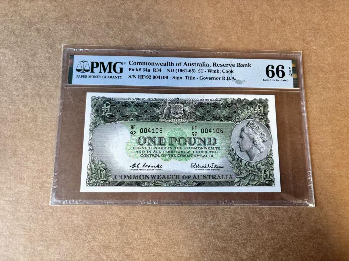 【Blue Auction】世界纸币精拍第758期——18级TOP拍卖/信誉/品质/专业/高效💫 【千位小号】澳大利亚 1961-65年1镑 石膏版女王 PMG66EPQ 