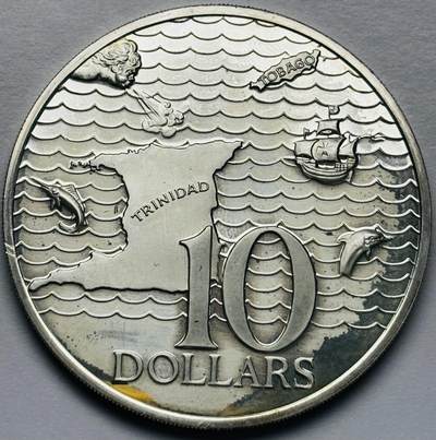 文馨钱币收藏第 283 场，【大雪鉴珍，寒英缀金】金银纪念币精品场，诚邀您的参与【长期接代拍品】 - 少见全新 1973 年特立尼达和多巴哥 10 元精制纪念大银币，首发版只发行三年 35 克 925 高银