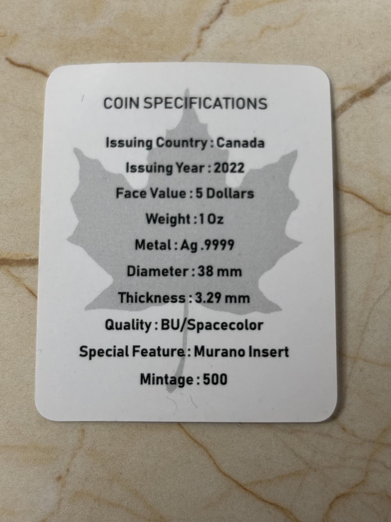 第184期拍卖 加拿大2022年镶嵌穆拉诺玻璃刺猬彩色枫叶纪念银币，9999银，1盎司，发行500枚