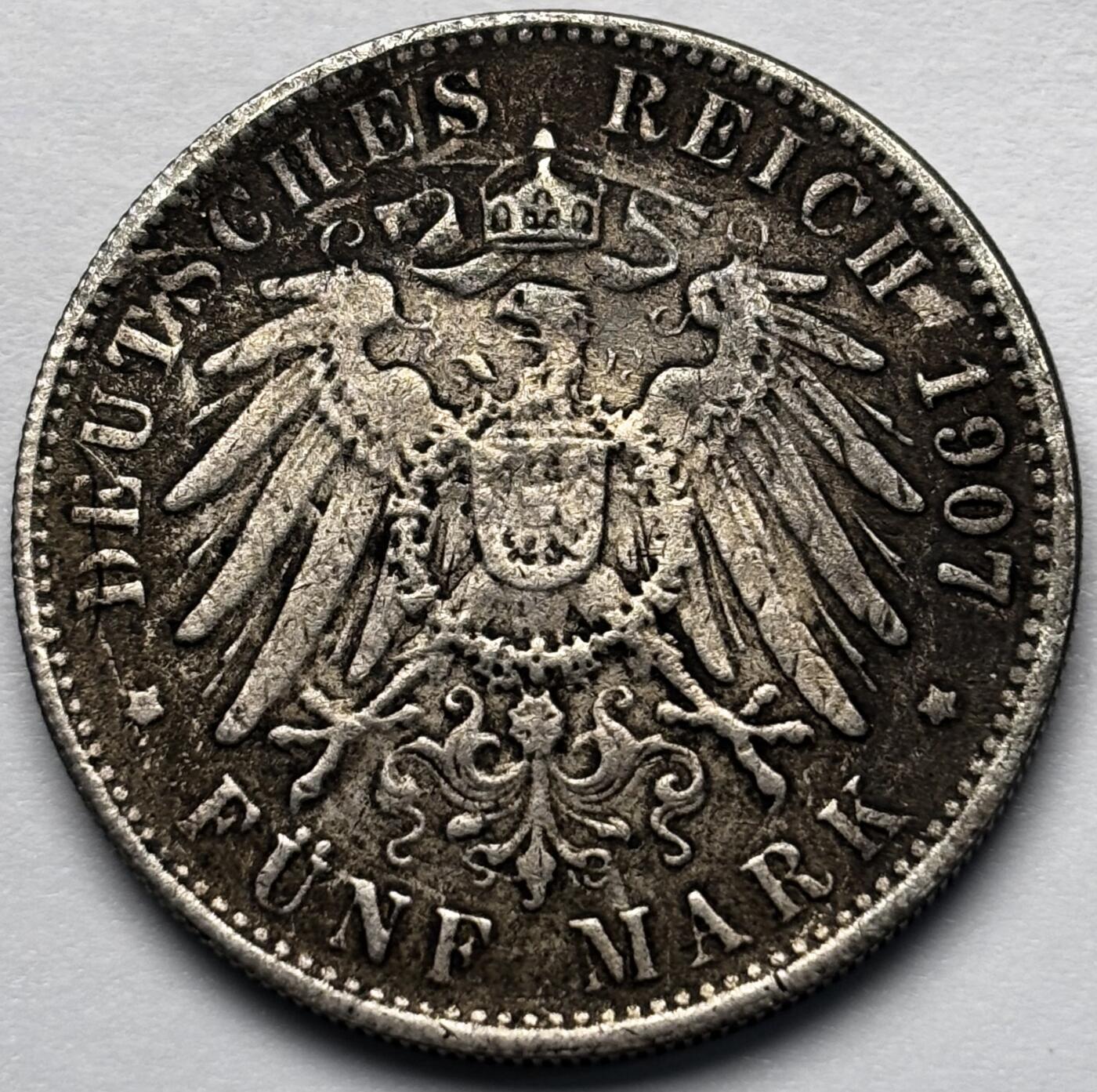 文馨钱币收藏第 283 场，【大雪鉴珍，寒英缀金】金银纪念币精品场，诚邀您的参与【长期接代拍品】 1907 年德国普鲁士威廉二世 5 马克长翅鹰银币 A 版