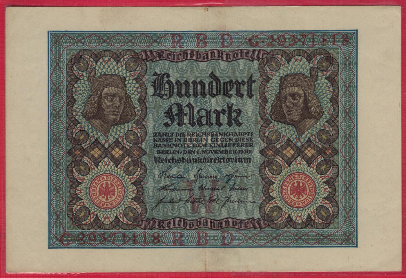 德国1920年100马克 P-69b 8位号码 无4尾8 加盖字母W 实物图 AUNC
